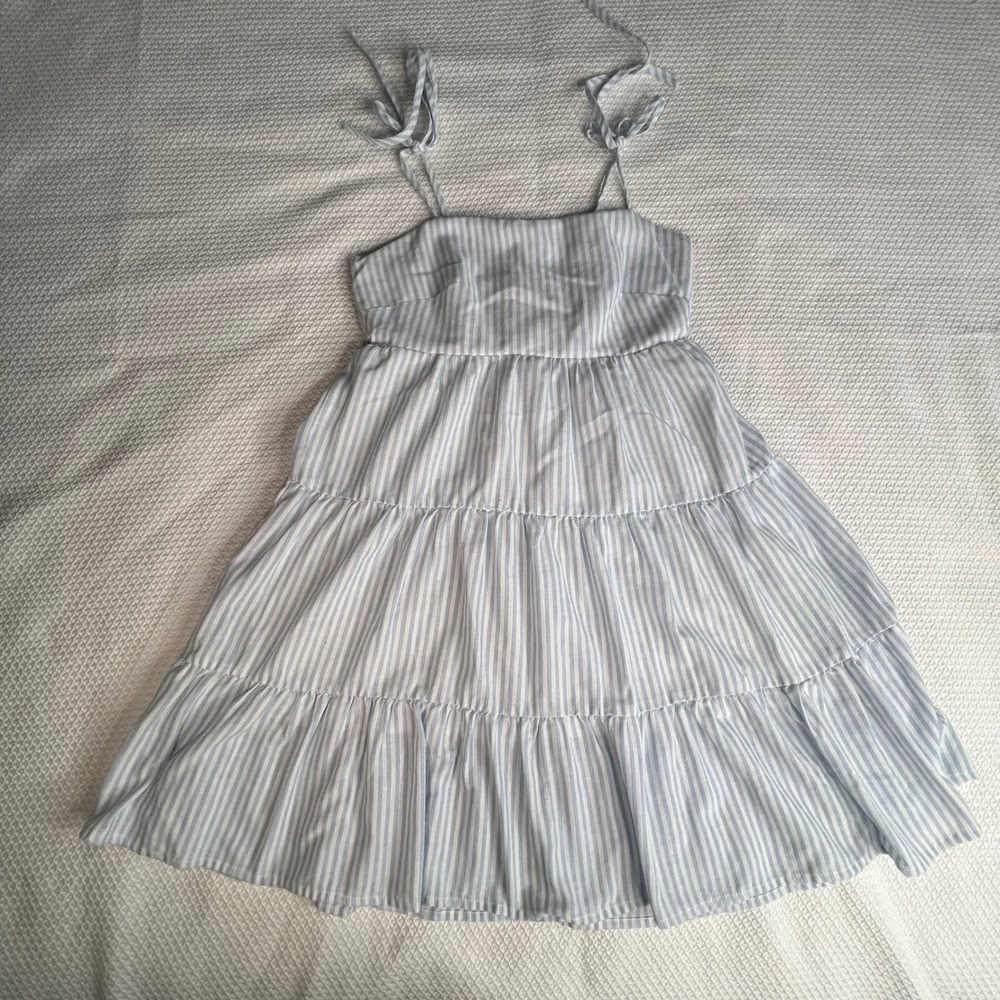 Pink Lily Kids Blue White‎ Striped Tiered Ruffle Sundress with Tie Straps Size S